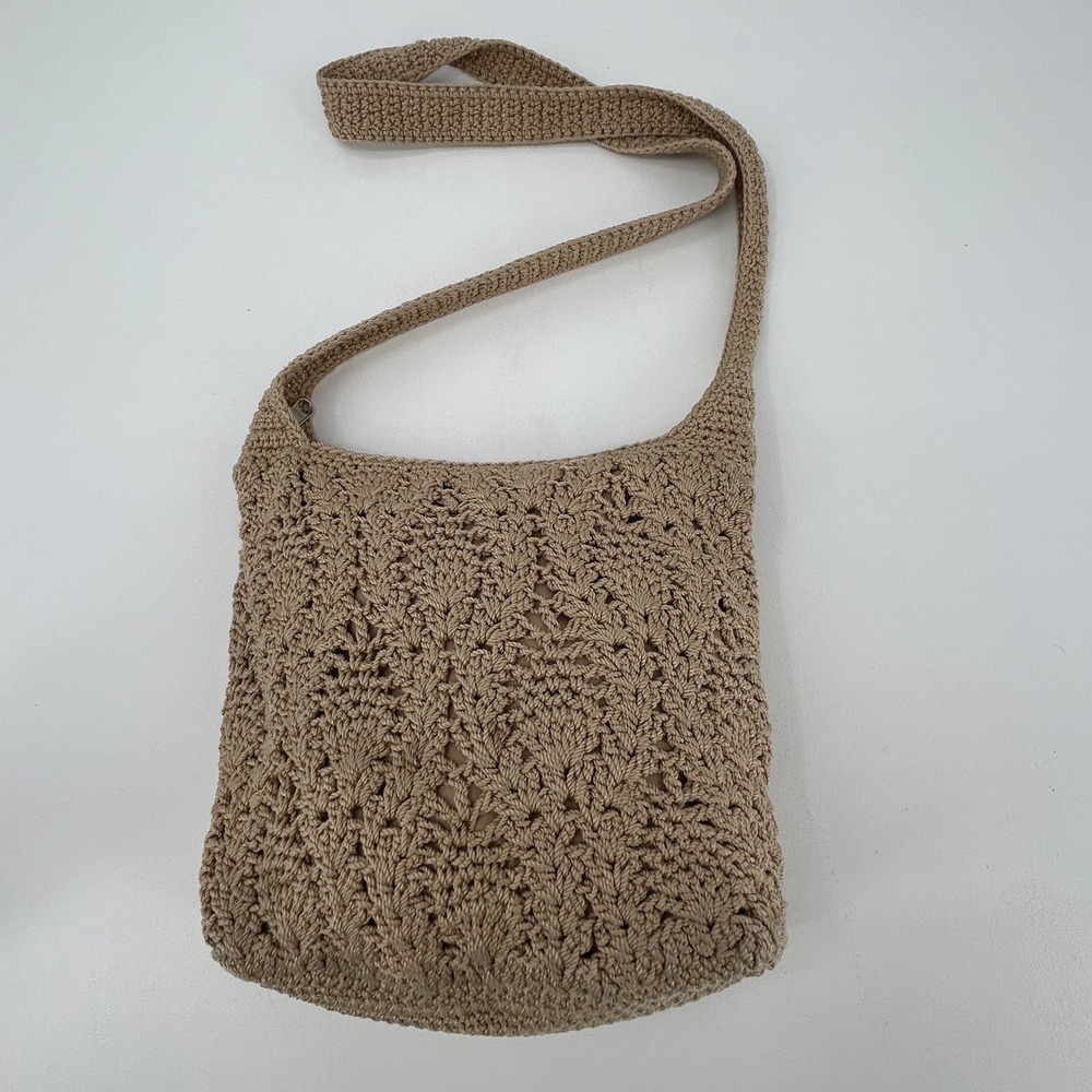Lina Tan Crochet Shoulder Bag Butterfly Print Lining Boho Hobo Zip Top Neutral